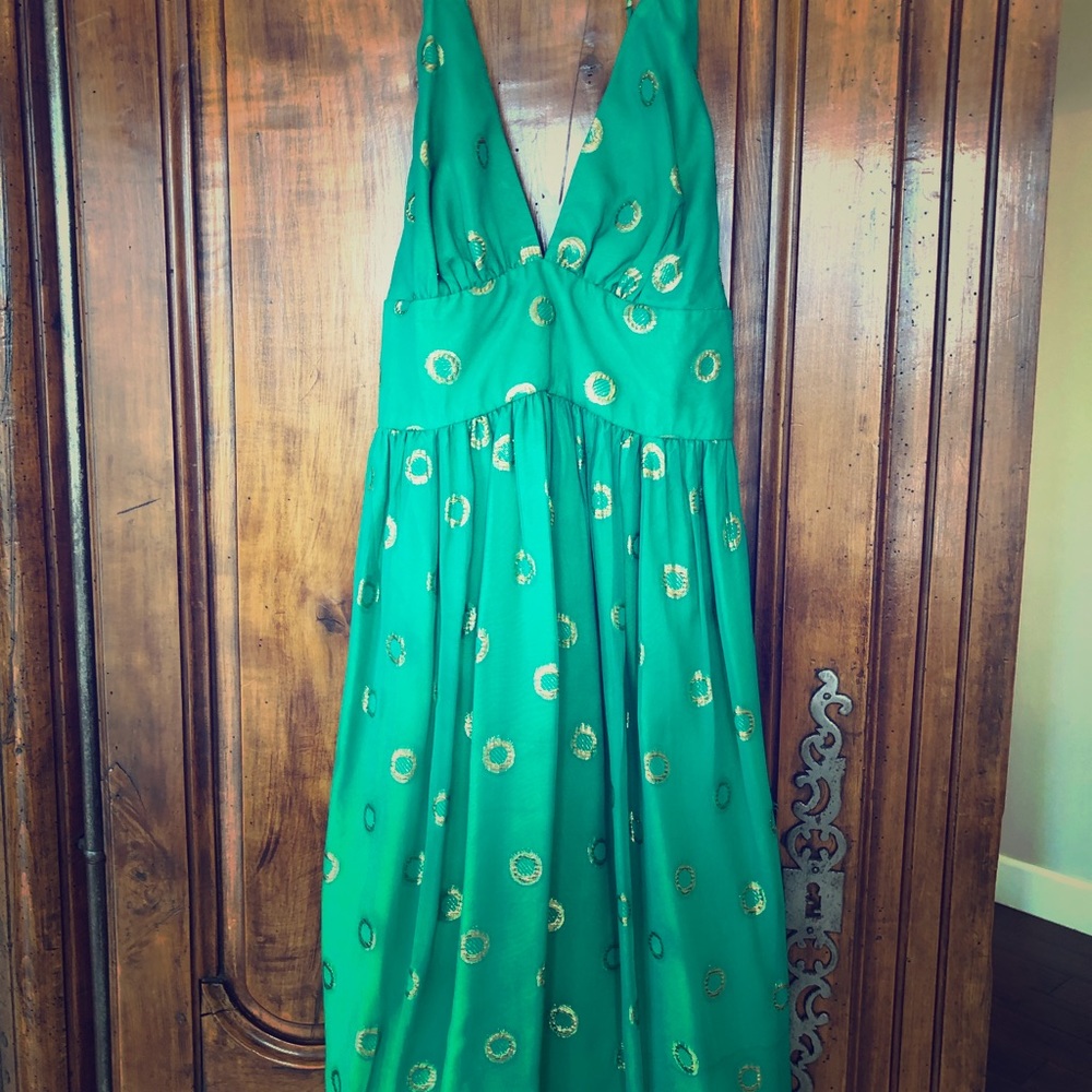 Green & Gold backless tie neck dress. Size 4.